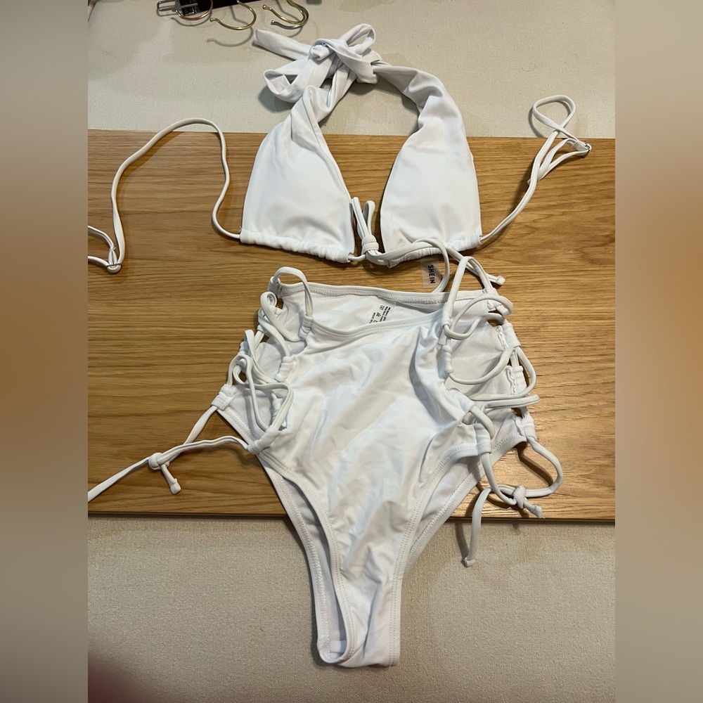Shein White Bikini Set with Lace-Up Sides S Small Strappy